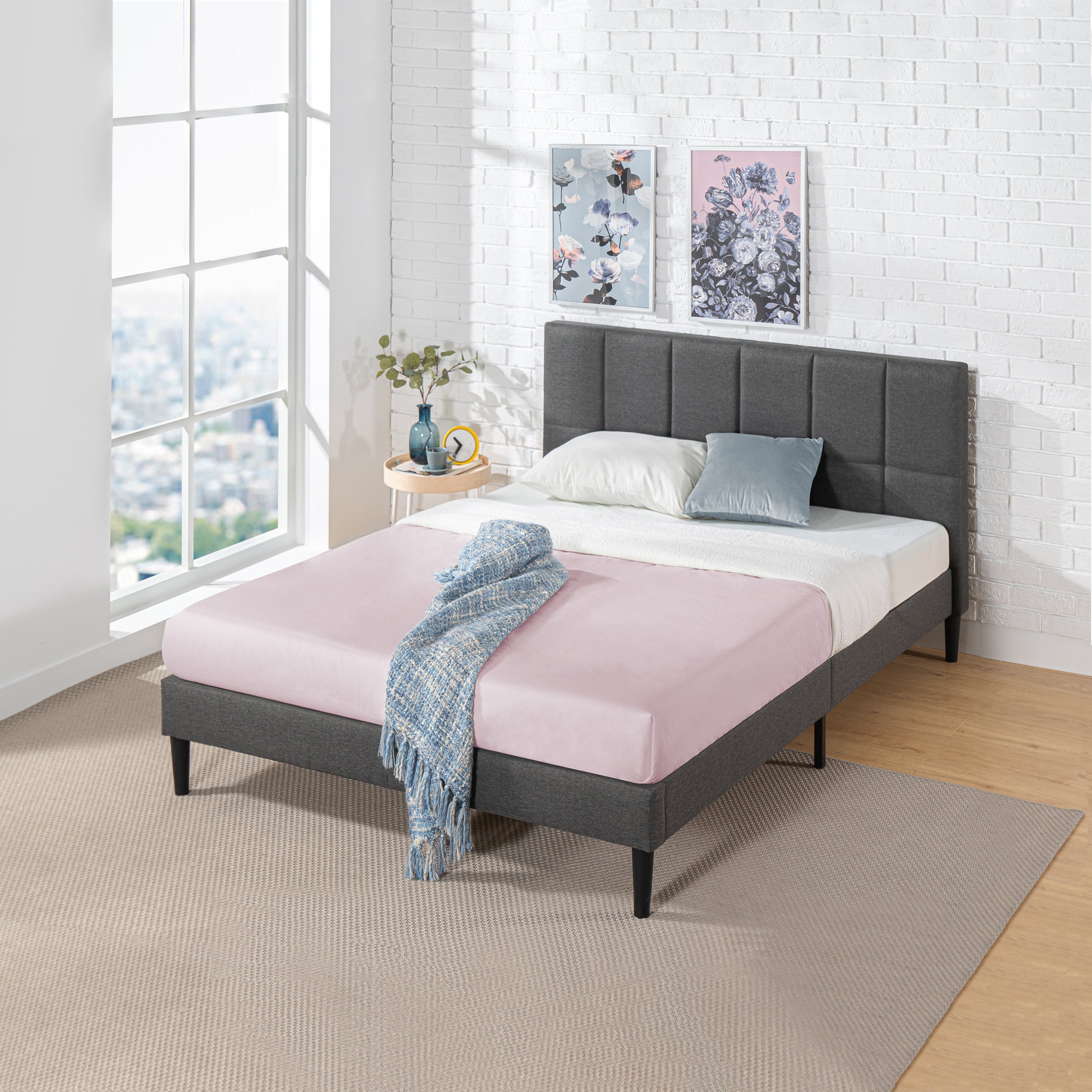 Lottie ベッドフレーム ファブリック ショートヘッドボード付 グレー ベージュ