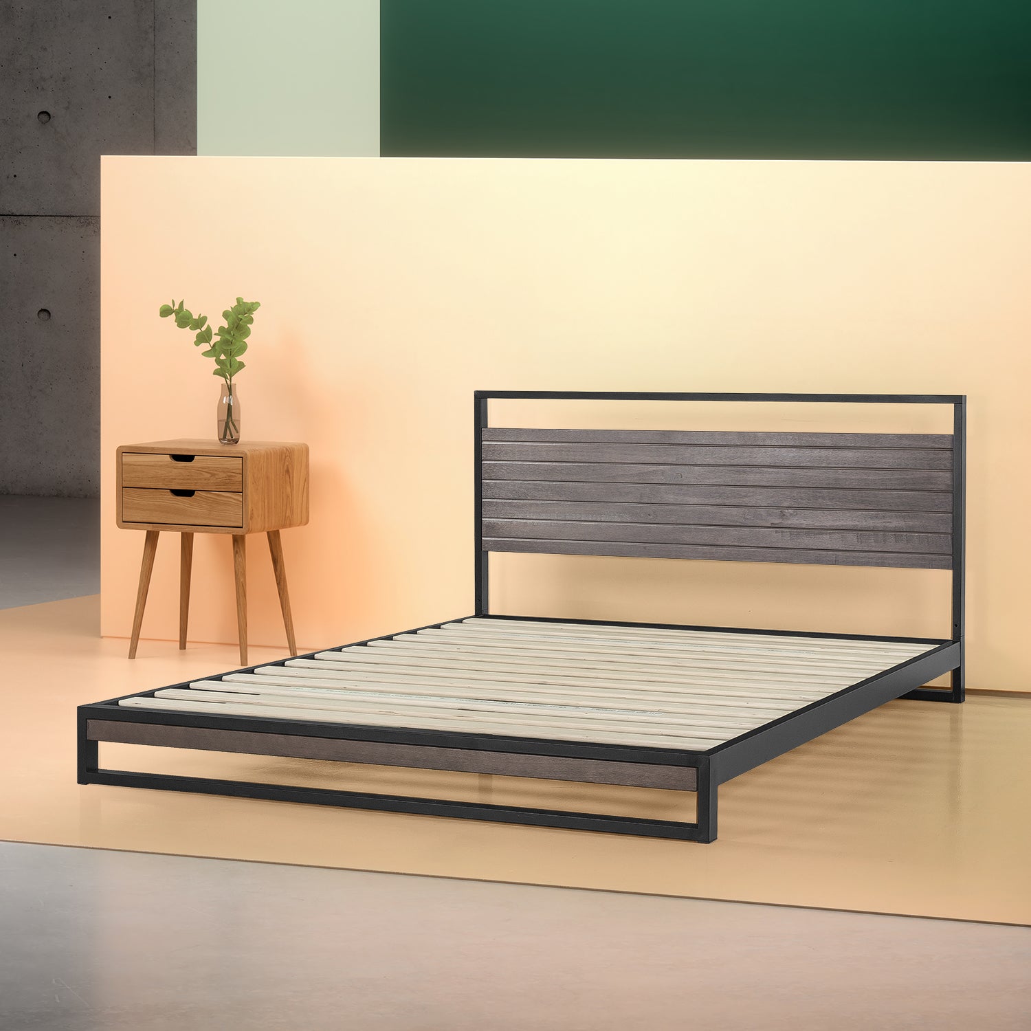 Suzanne ベッドフレーム スチール&ウッド ヘッドボード付 18cm ブラウン グレー ウッド 木目