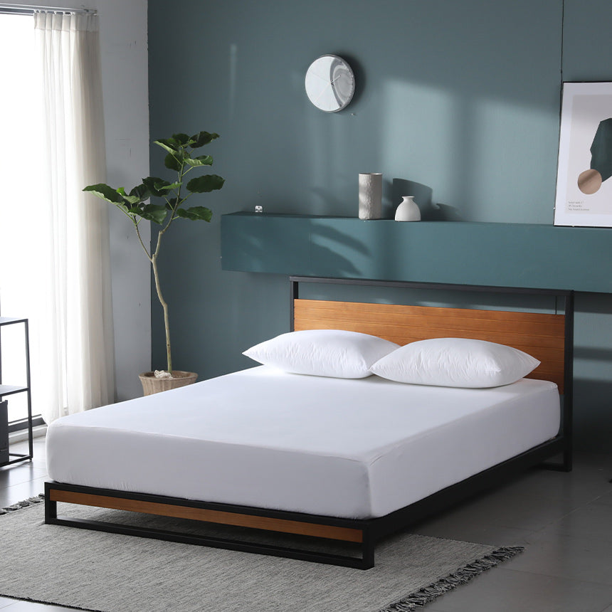 Suzanne ベッドフレーム スチール&ウッド ヘッドボード付 18cm ブラウン グレー ウッド 木目